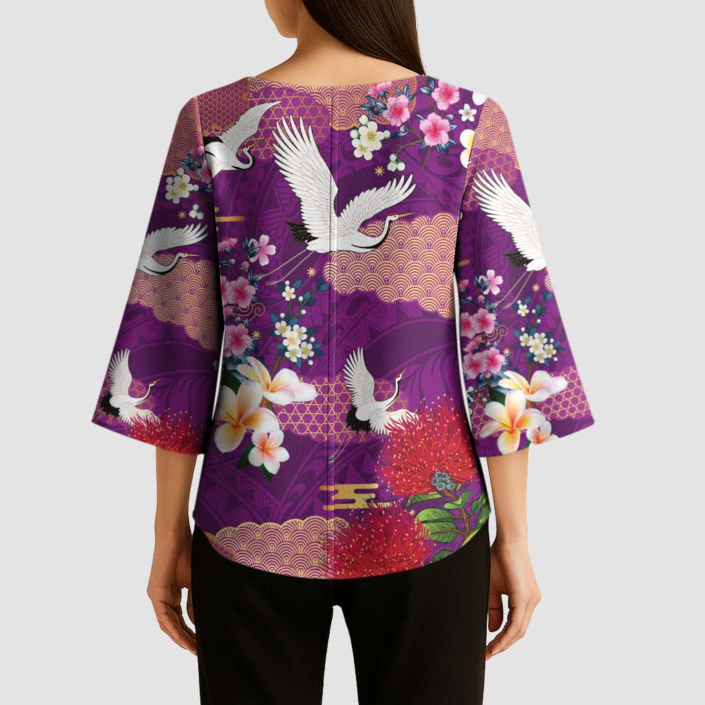 Hawaiian and Japanese Culture Together Kimono Sleeve Blouse Purple Ohia Lehua Plumeria and Sakura Blooming LT03 - Polynesian Pride