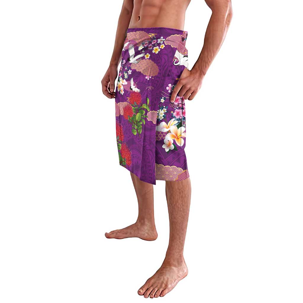 Hawaiian and Japanese Culture Together Lavalava Purple Ohia Lehua Plumeria and Sakura Blooming LT03 - Polynesian Pride