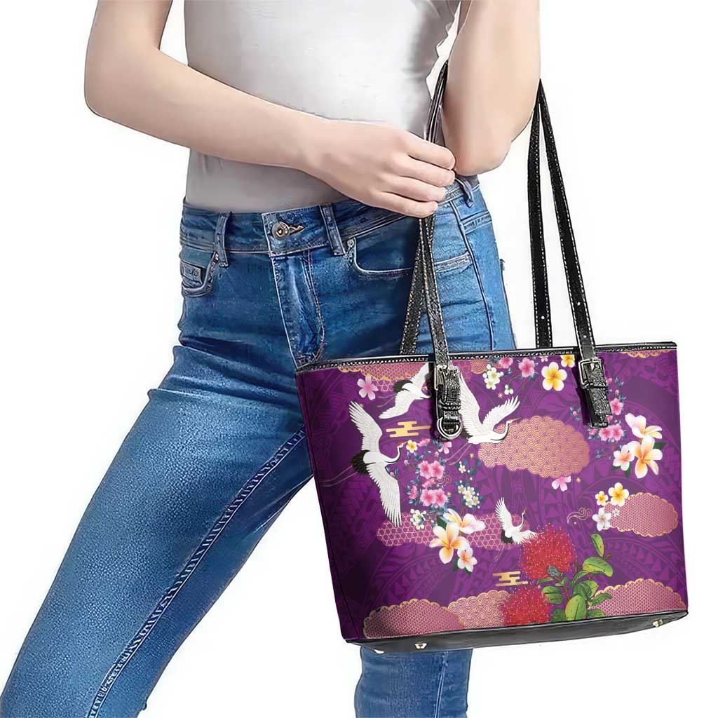 Hawaiian and Japanese Culture Together Leather Tote Bag Purple Ohia Lehua Plumeria and Sakura Blooming LT03 - Polynesian Pride