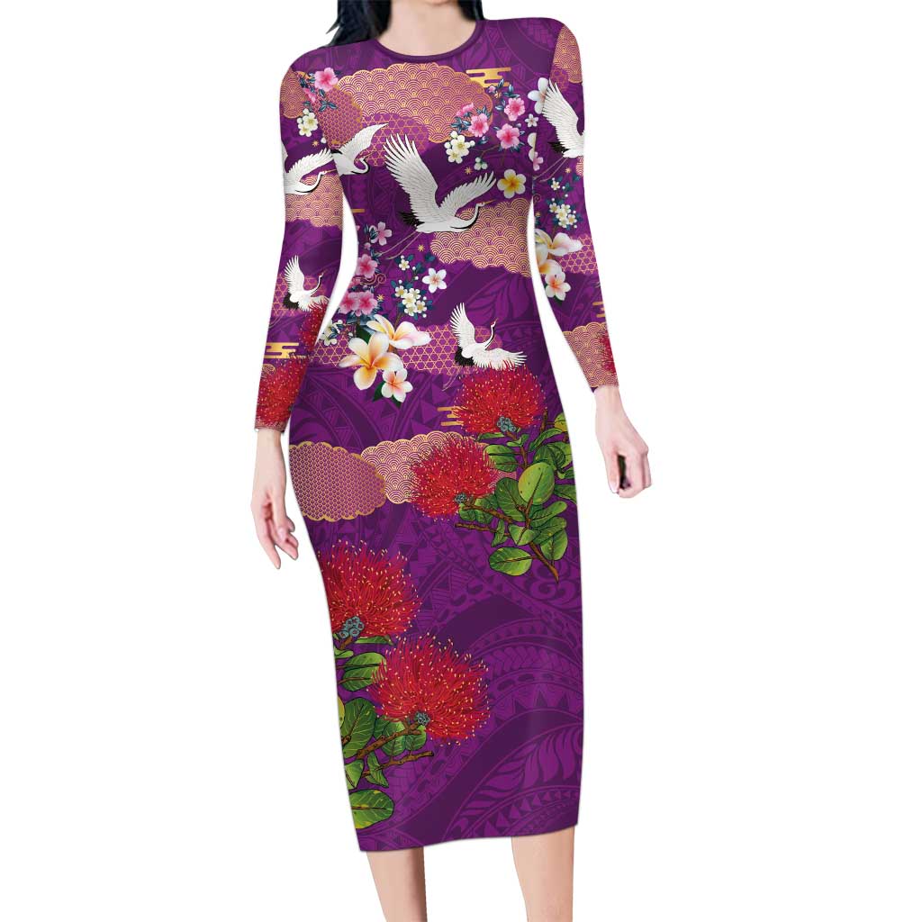 Hawaiian and Japanese Culture Together Long Sleeve Bodycon Dress Purple Ohia Lehua Plumeria and Sakura Blooming LT03 Long Dress Purple - Polynesian Pride