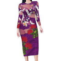Hawaiian and Japanese Culture Together Long Sleeve Bodycon Dress Purple Ohia Lehua Plumeria and Sakura Blooming LT03 Long Dress Purple - Polynesian Pride
