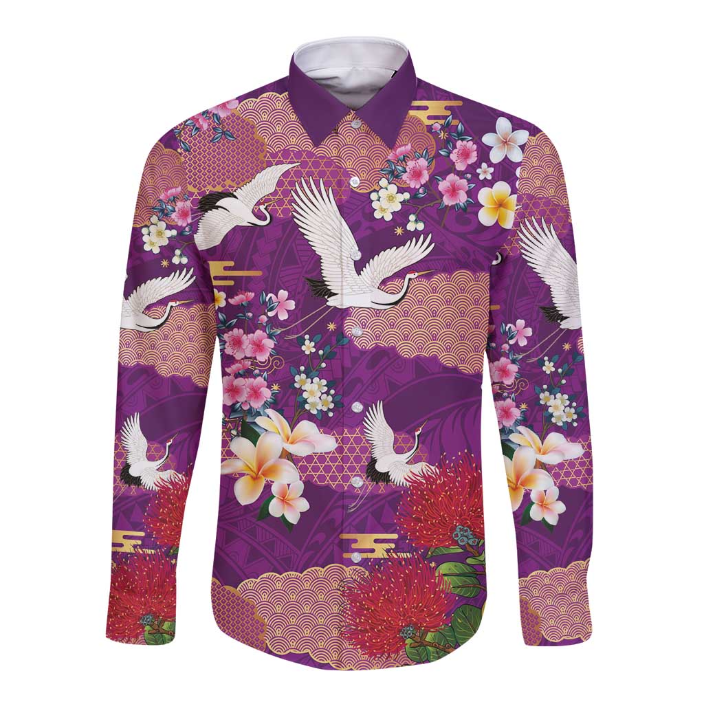 Hawaiian and Japanese Culture Together Long Sleeve Button Shirt Purple Ohia Lehua Plumeria and Sakura Blooming LT03 Unisex Purple - Polynesian Pride