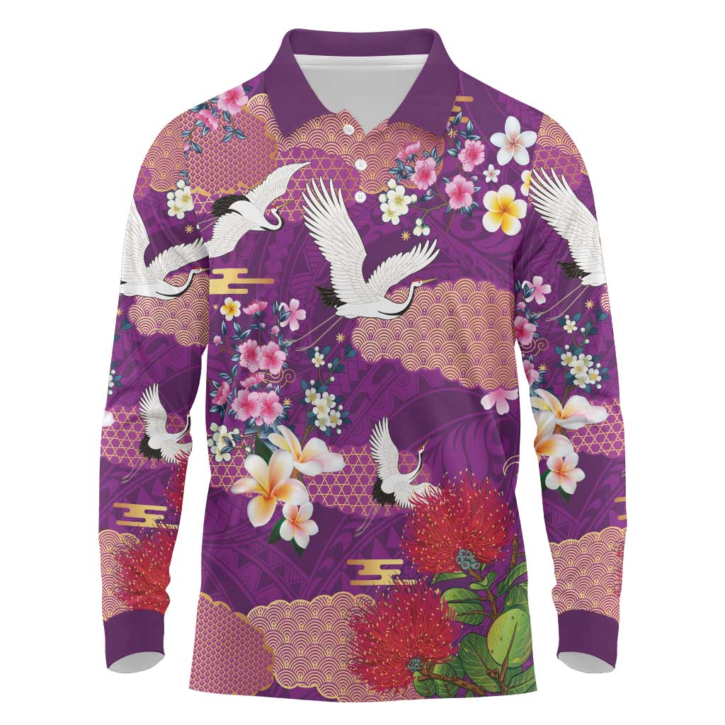 Hawaiian and Japanese Culture Together Long Sleeve Polo Shirt Purple Ohia Lehua Plumeria and Sakura Blooming LT03 Purple - Polynesian Pride