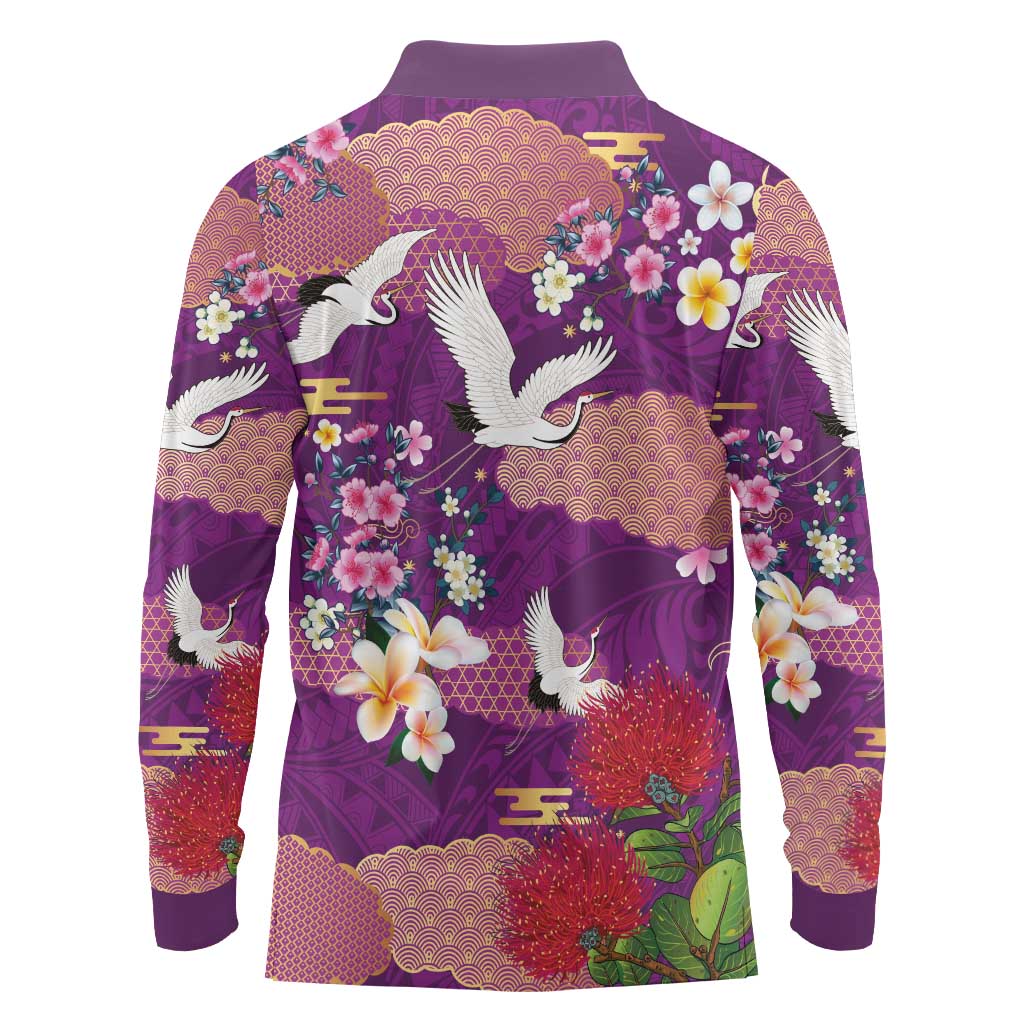 Hawaiian and Japanese Culture Together Long Sleeve Polo Shirt Purple Ohia Lehua Plumeria and Sakura Blooming LT03 - Polynesian Pride