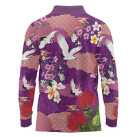 Hawaiian and Japanese Culture Together Long Sleeve Polo Shirt Purple Ohia Lehua Plumeria and Sakura Blooming LT03 - Polynesian Pride