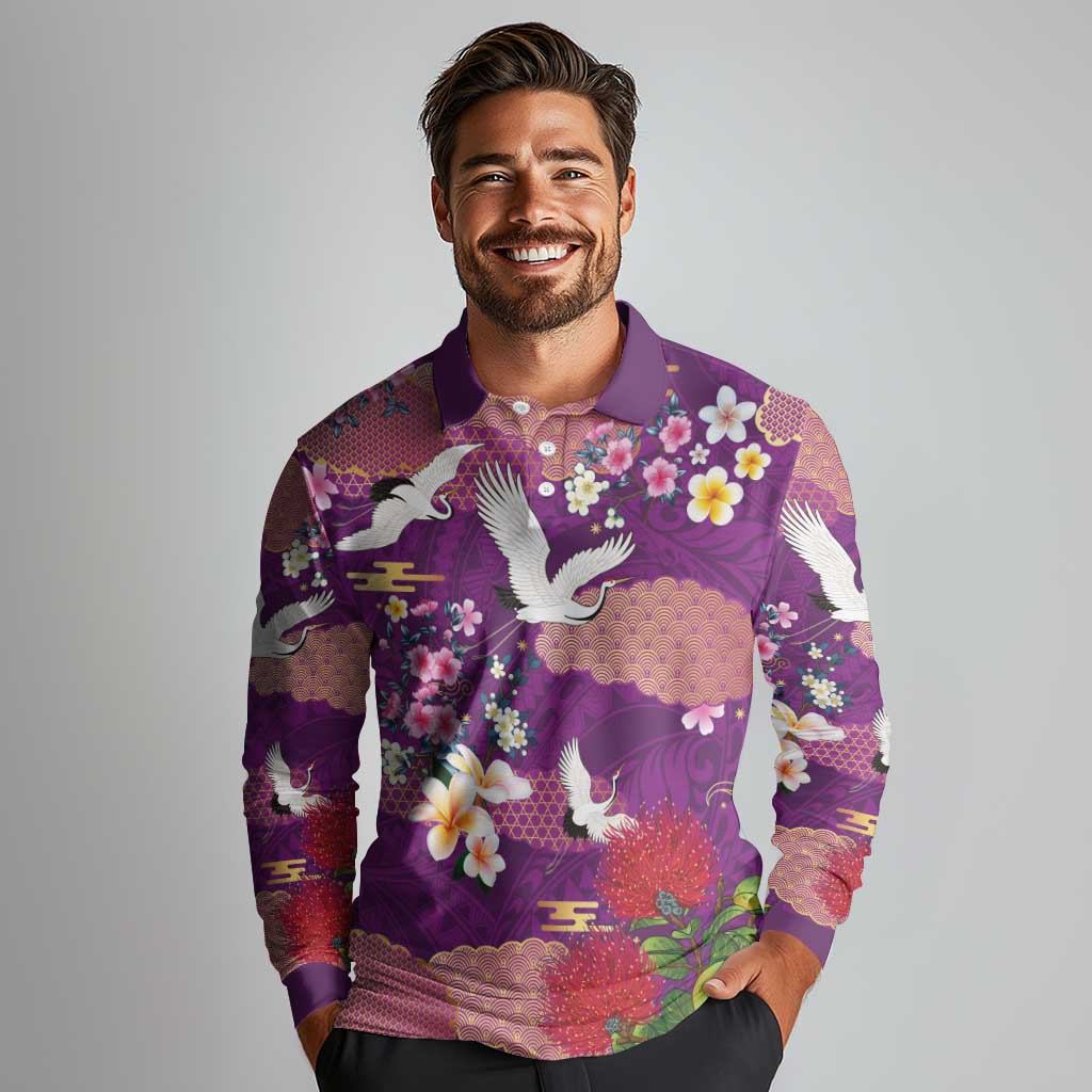 Hawaiian and Japanese Culture Together Long Sleeve Polo Shirt Purple Ohia Lehua Plumeria and Sakura Blooming LT03 - Polynesian Pride