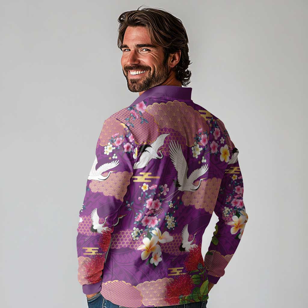 Hawaiian and Japanese Culture Together Long Sleeve Polo Shirt Purple Ohia Lehua Plumeria and Sakura Blooming LT03 - Polynesian Pride