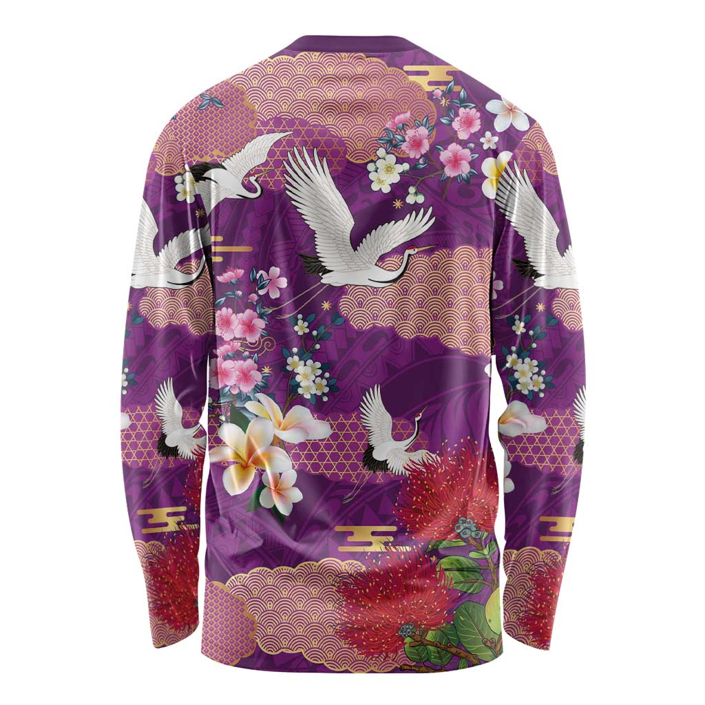 Hawaiian and Japanese Culture Together Long Sleeve Shirt Purple Ohia Lehua Plumeria and Sakura Blooming LT03 - Polynesian Pride