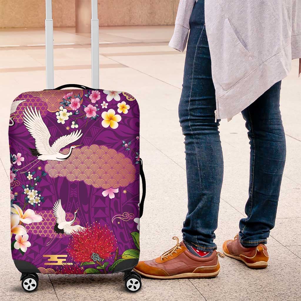 Hawaiian and Japanese Culture Together Luggage Cover Purple Ohia Lehua Plumeria and Sakura Blooming LT03 Purple - Polynesian Pride