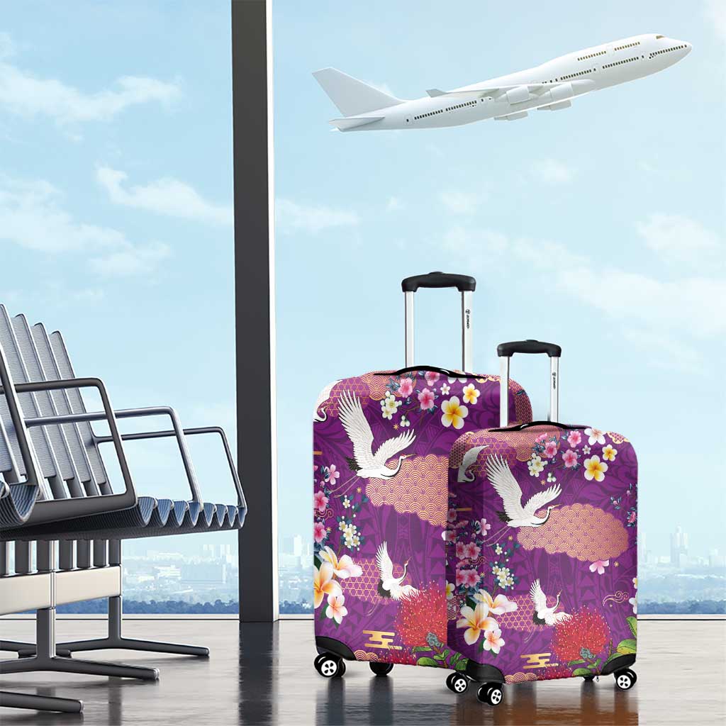 Hawaiian and Japanese Culture Together Luggage Cover Purple Ohia Lehua Plumeria and Sakura Blooming LT03 - Polynesian Pride