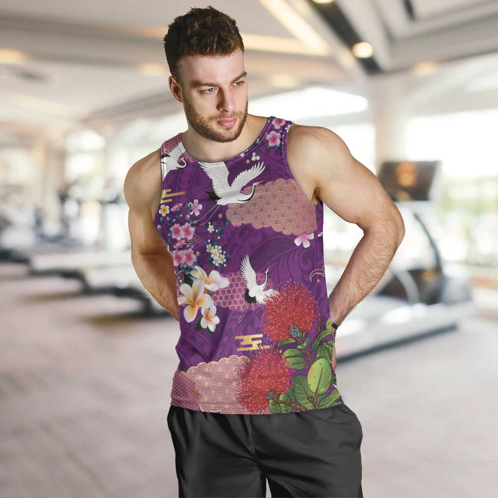 Hawaiian and Japanese Culture Together Men Tank Top Purple Ohia Lehua Plumeria and Sakura Blooming LT03 Purple - Polynesian Pride