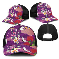 Hawaiian and Japanese Culture Together Mesh Trucker Cap Purple Ohia Lehua Plumeria and Sakura Blooming LT03 - Polynesian Pride