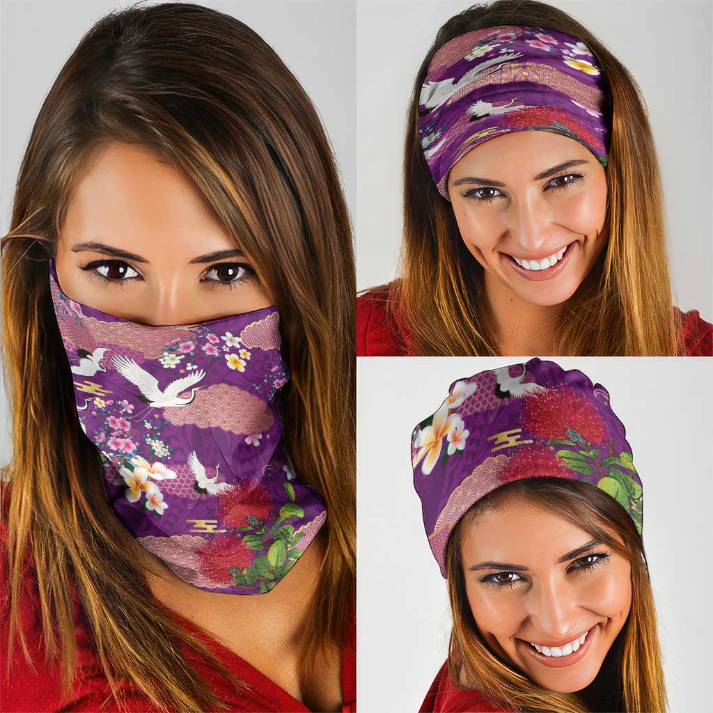 Hawaiian and Japanese Culture Together Neck Gaiter Purple Ohia Lehua Plumeria and Sakura Blooming LT03 - Polynesian Pride