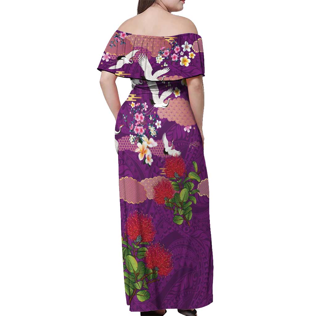 Hawaiian and Japanese Culture Together Off Shoulder Maxi Dress Purple Ohia Lehua Plumeria and Sakura Blooming LT03 - Polynesian Pride