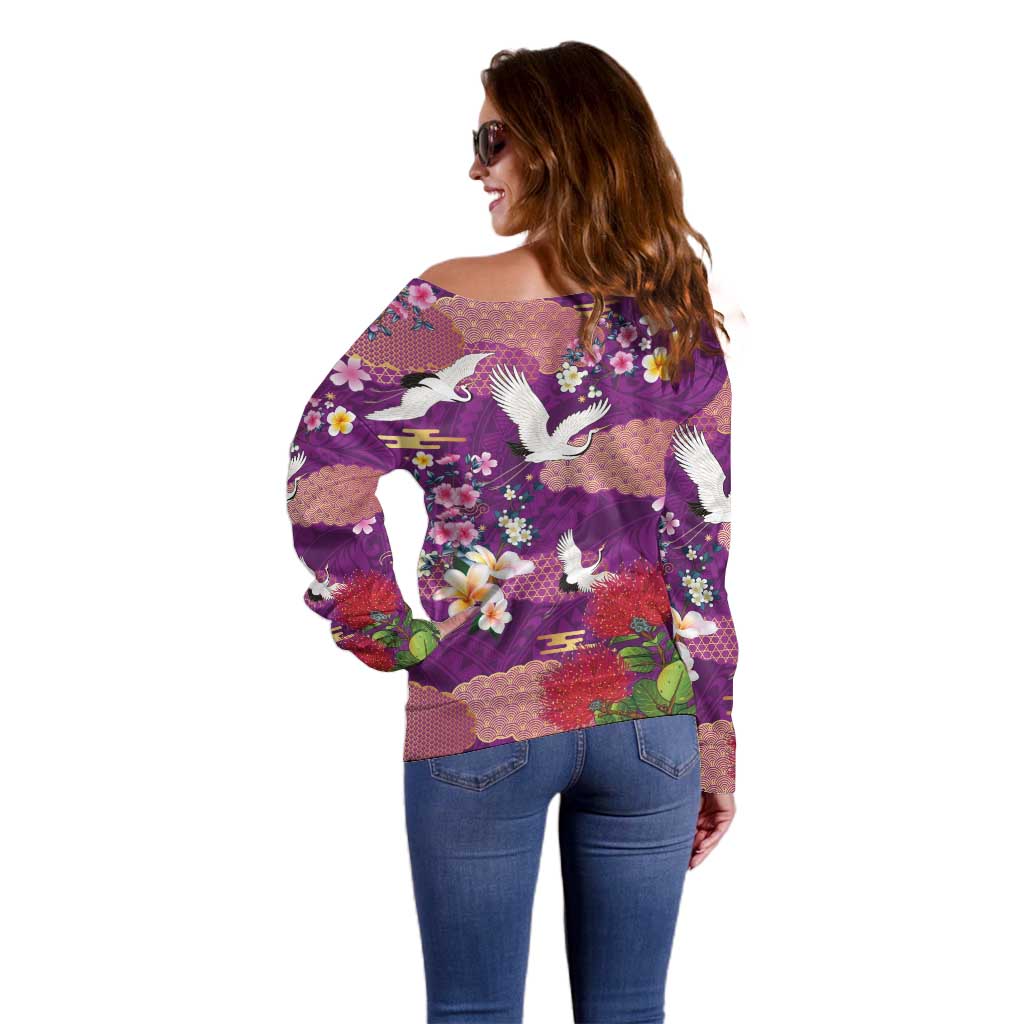 Hawaiian and Japanese Culture Together Off Shoulder Sweater Purple Ohia Lehua Plumeria and Sakura Blooming LT03 - Polynesian Pride