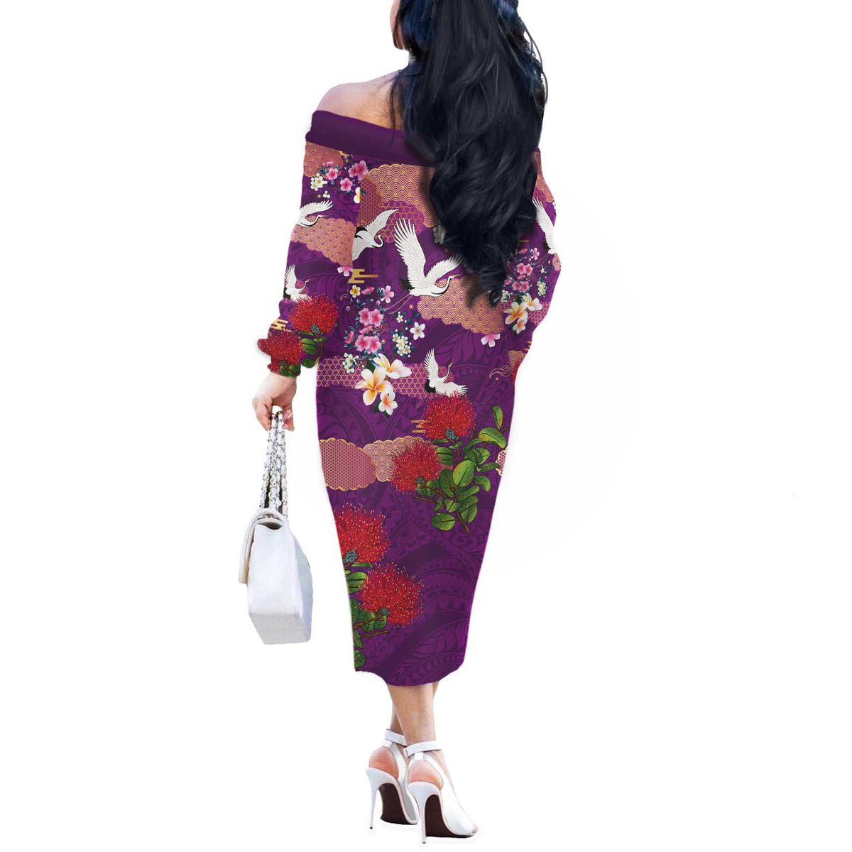 Hawaiian and Japanese Culture Together Off The Shoulder Long Sleeve Dress Purple Ohia Lehua Plumeria and Sakura Blooming LT03 - Polynesian Pride
