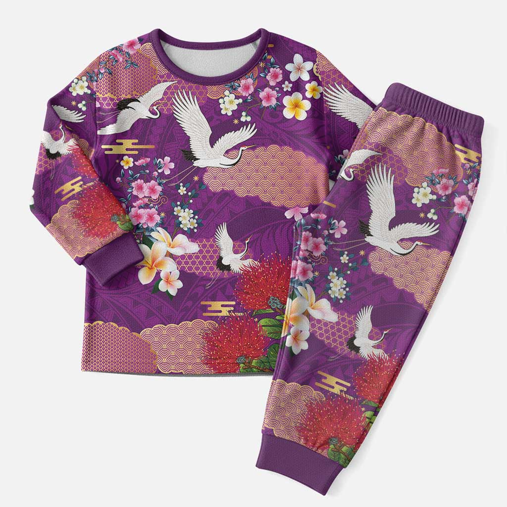 Hawaiian and Japanese Culture Together Christmas Pajama Set Purple Ohia Lehua Plumeria and Sakura Blooming LT03 Men Purple - Polynesian Pride