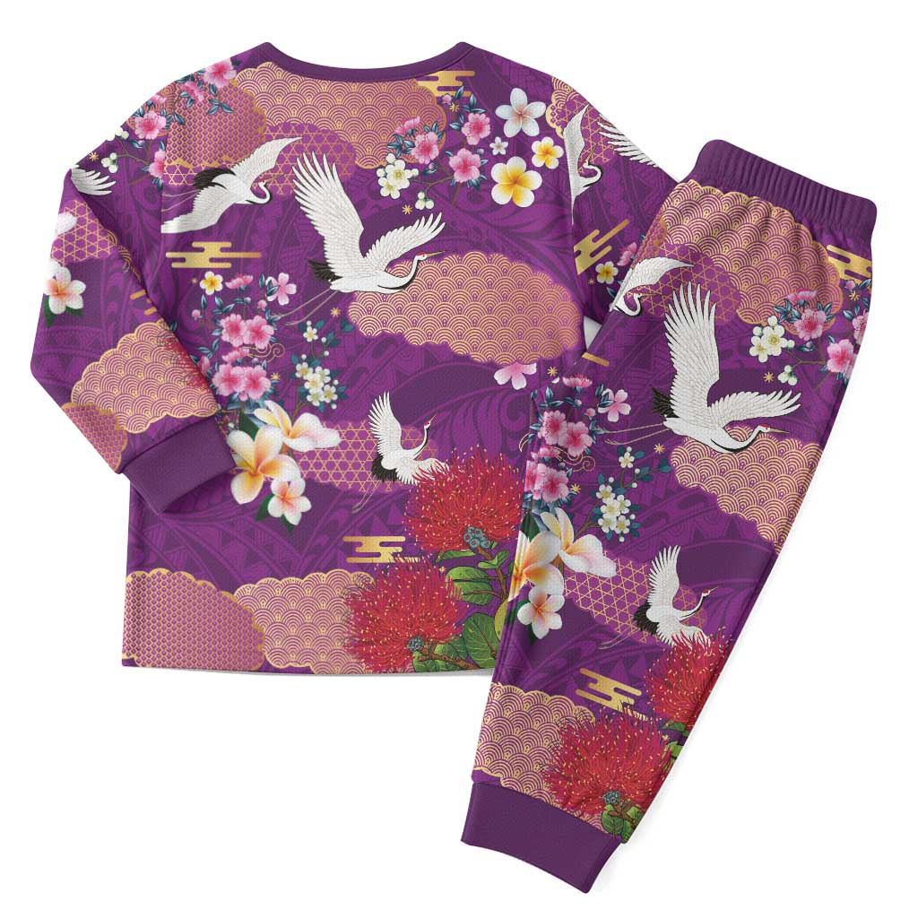 Hawaiian and Japanese Culture Together Christmas Pajama Set Purple Ohia Lehua Plumeria and Sakura Blooming LT03 - Polynesian Pride