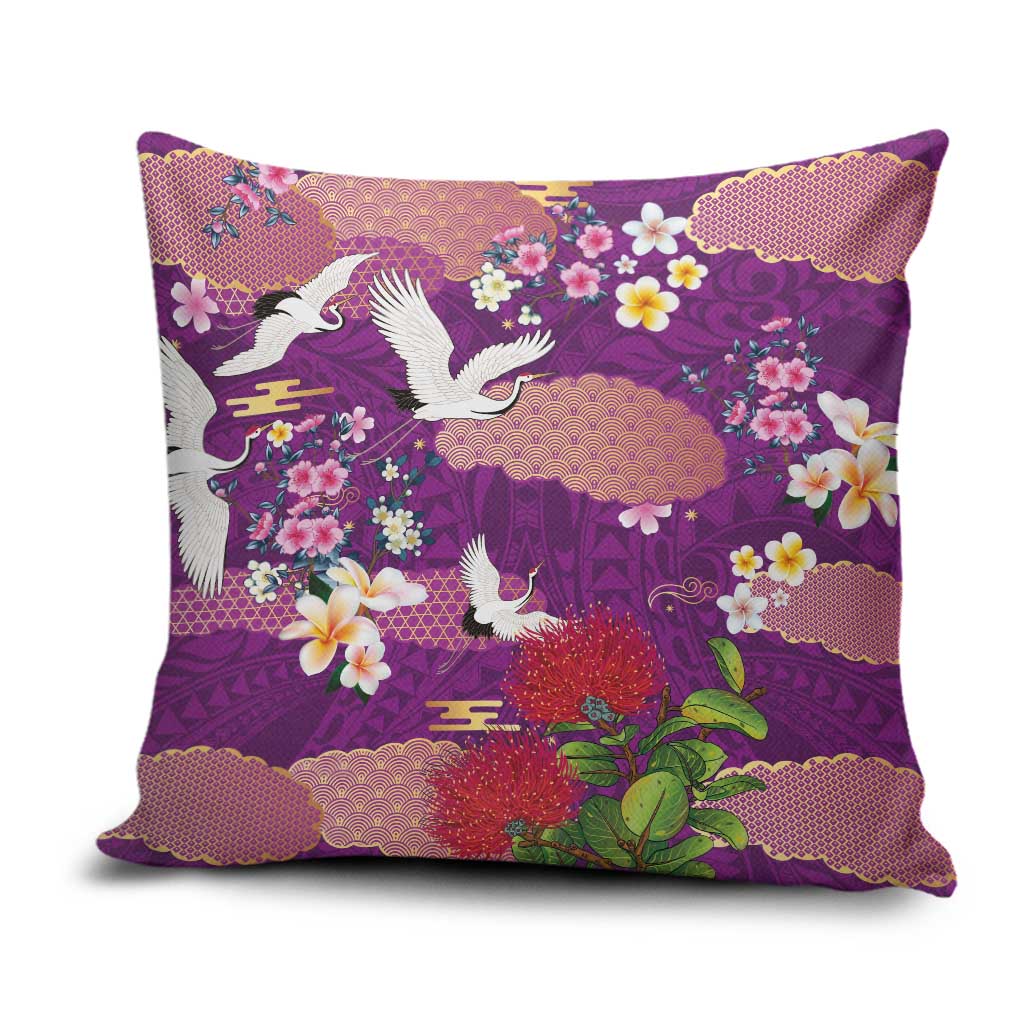 Hawaiian and Japanese Culture Together Pillow Cover Purple Ohia Lehua Plumeria and Sakura Blooming LT03 Purple - Polynesian Pride
