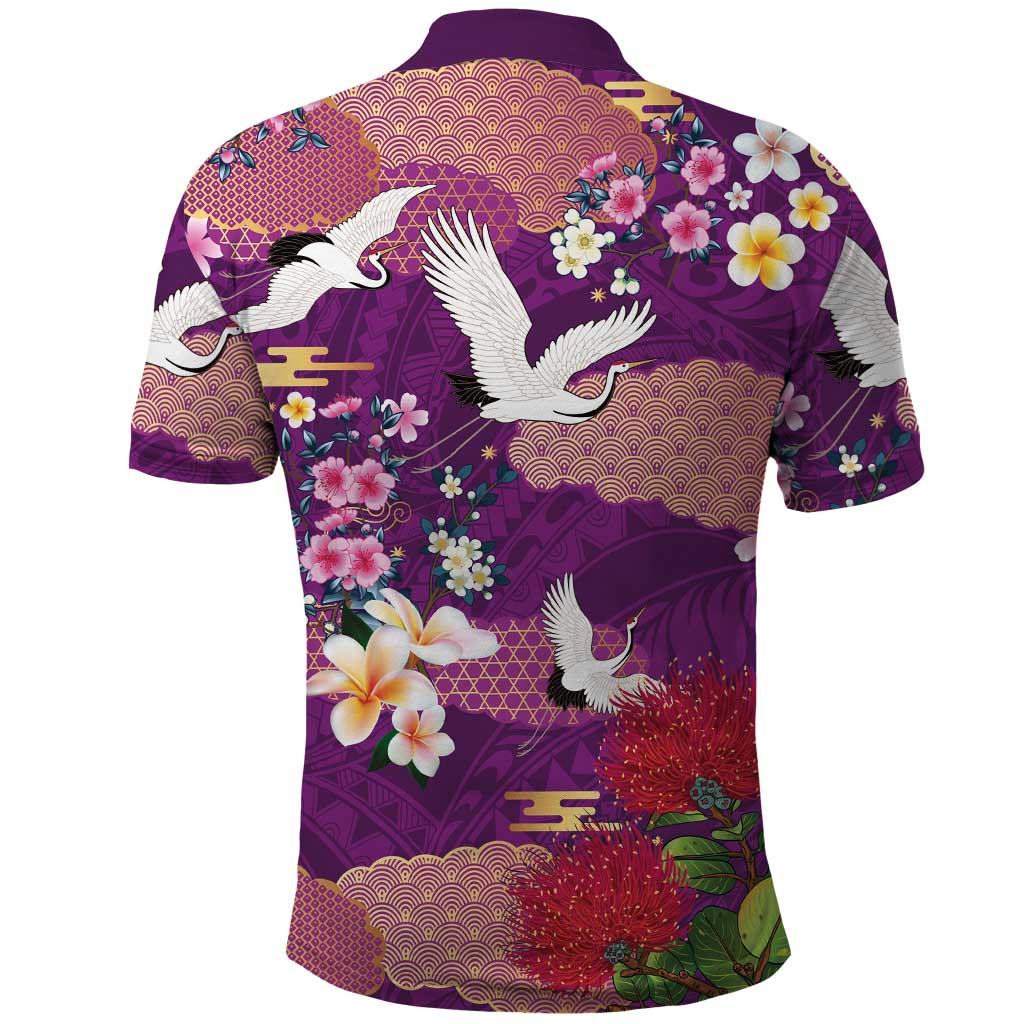 Hawaiian and Japanese Culture Together Polo Shirt Purple Ohia Lehua Plumeria and Sakura Blooming LT03 - Polynesian Pride