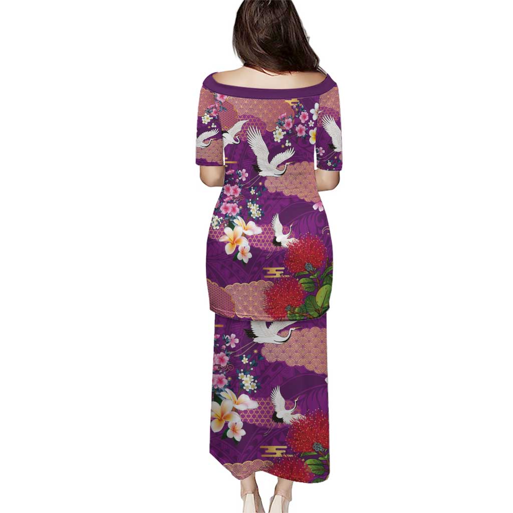 Hawaiian and Japanese Culture Together Puletasi Purple Ohia Lehua Plumeria and Sakura Blooming LT03 - Polynesian Pride