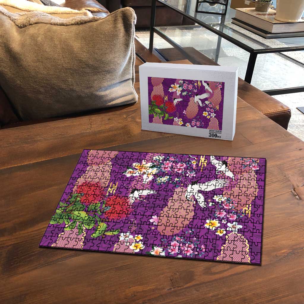 Hawaiian and Japanese Culture Together Puzzle Purple Ohia Lehua Plumeria and Sakura Blooming LT03 - Polynesian Pride