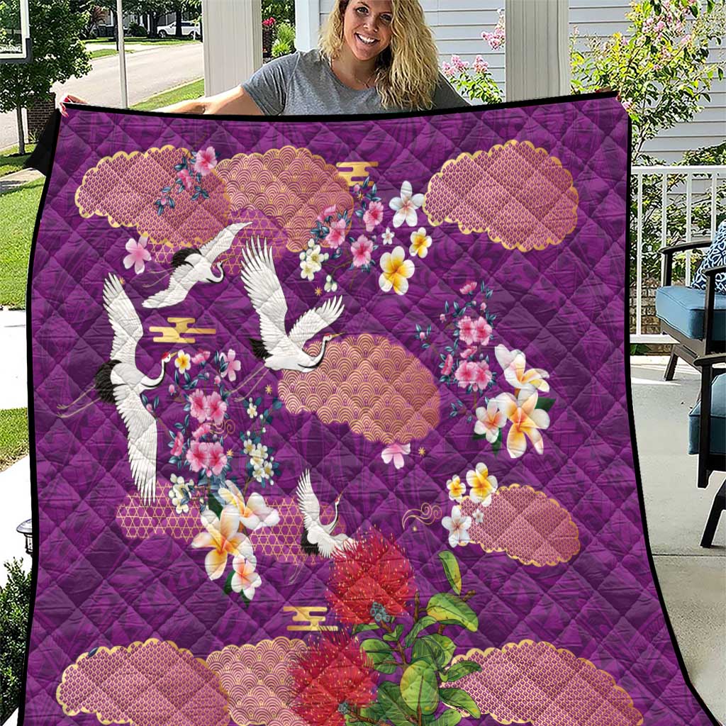 Hawaiian and Japanese Culture Together Quilt Purple Ohia Lehua Plumeria and Sakura Blooming LT03 Purple - Polynesian Pride