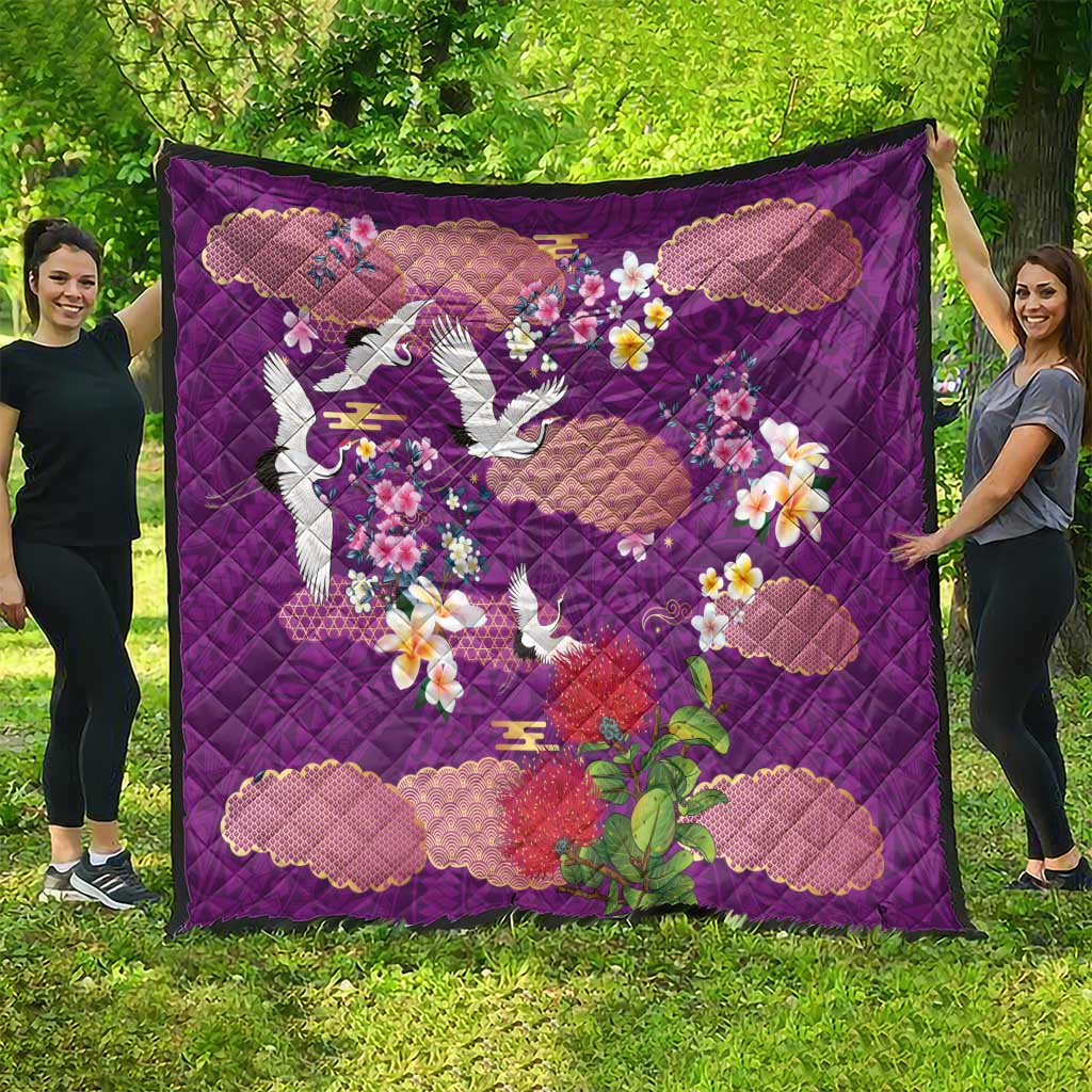 Hawaiian and Japanese Culture Together Quilt Purple Ohia Lehua Plumeria and Sakura Blooming LT03 - Polynesian Pride