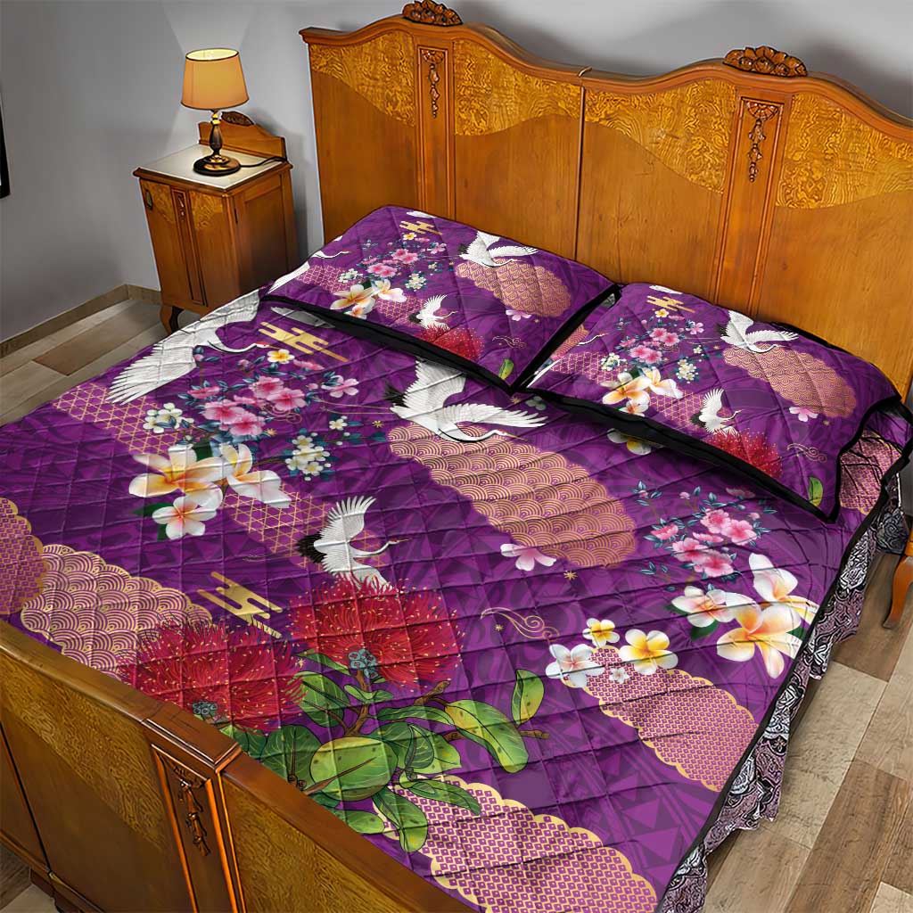 Hawaiian and Japanese Culture Together Quilt Bed Set Purple Ohia Lehua Plumeria and Sakura Blooming LT03 - Polynesian Pride