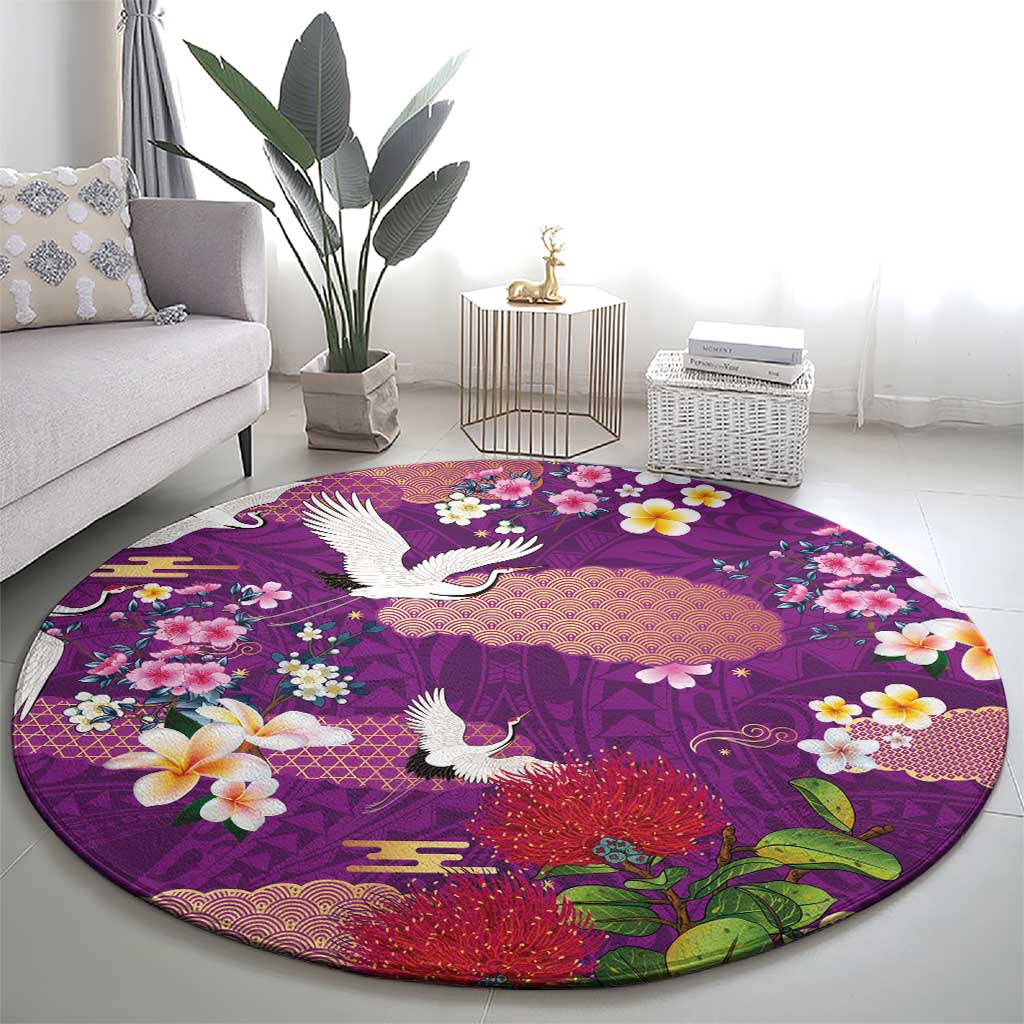 Hawaiian and Japanese Culture Together Round Carpet Purple Ohia Lehua Plumeria and Sakura Blooming LT03 - Polynesian Pride
