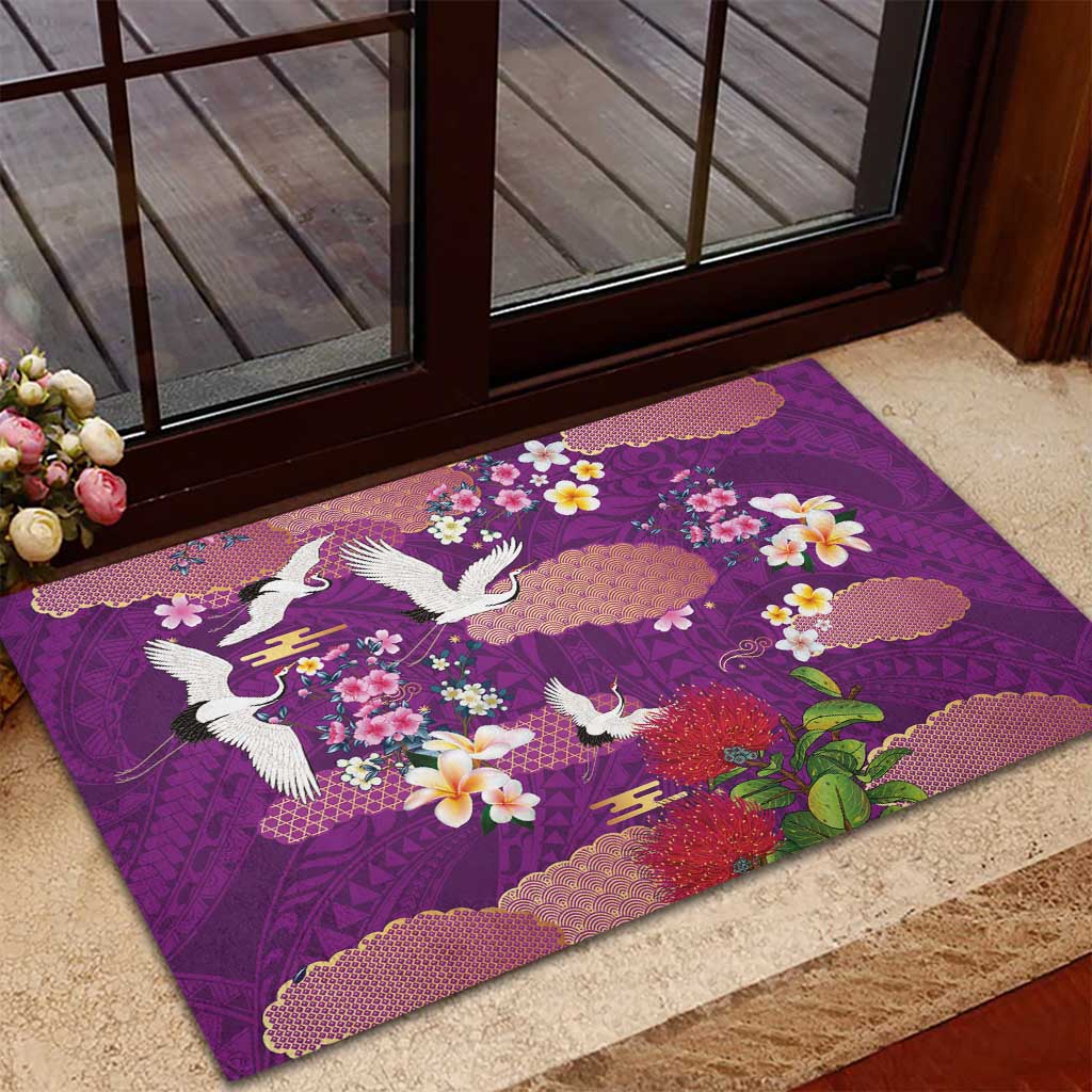 Hawaiian and Japanese Culture Together Rubber Doormat Purple Ohia Lehua Plumeria and Sakura Blooming LT03 - Polynesian Pride