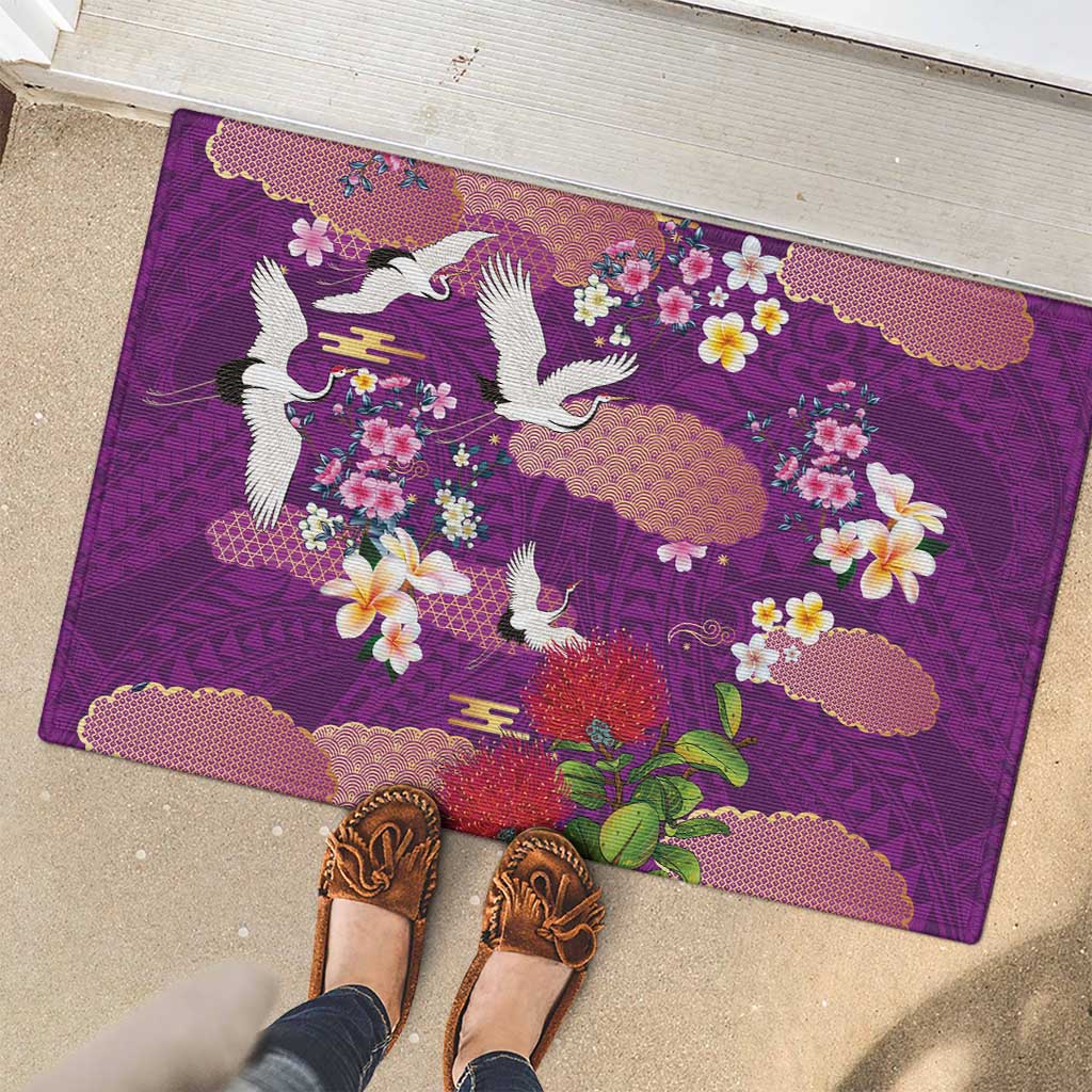 Hawaiian and Japanese Culture Together Rubber Doormat Purple Ohia Lehua Plumeria and Sakura Blooming LT03 - Polynesian Pride