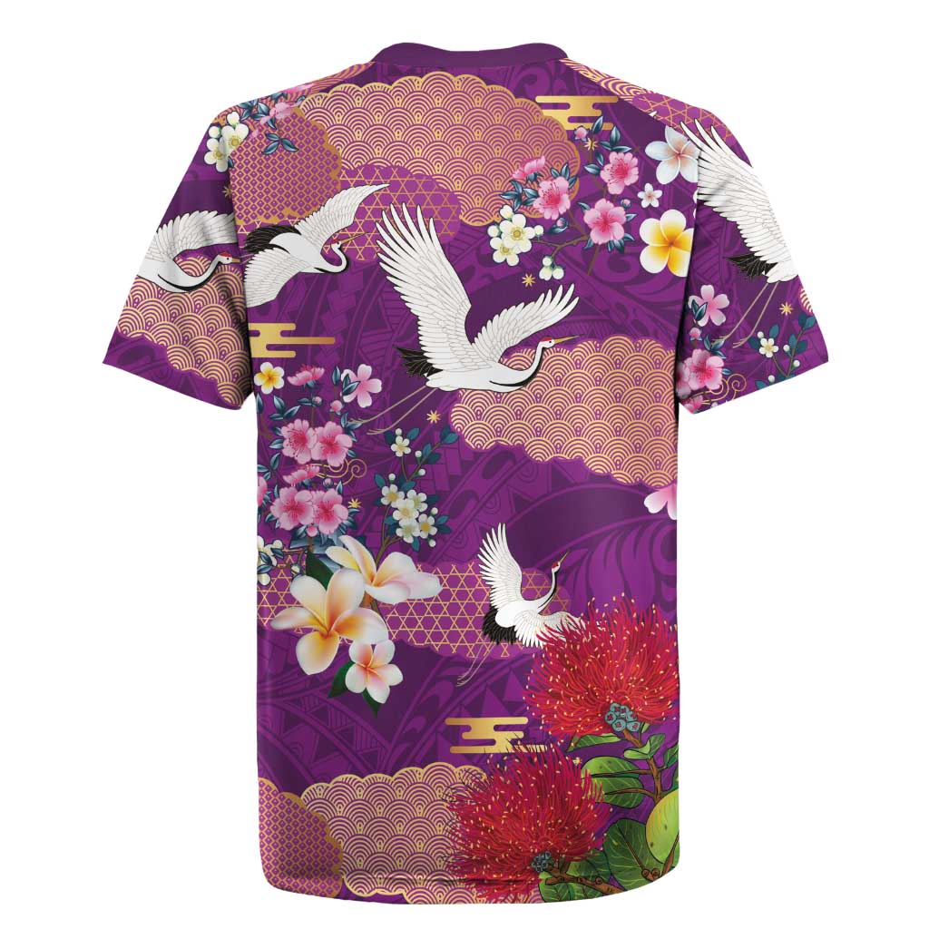 Hawaiian and Japanese Culture Together Rugby Jersey Purple Ohia Lehua Plumeria and Sakura Blooming LT03 - Polynesian Pride