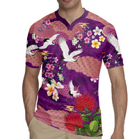 Hawaiian and Japanese Culture Together Rugby Jersey Purple Ohia Lehua Plumeria and Sakura Blooming LT03 - Polynesian Pride