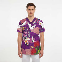 Hawaiian and Japanese Culture Together Scrub Top Purple Ohia Lehua Plumeria and Sakura Blooming LT03 - Polynesian Pride