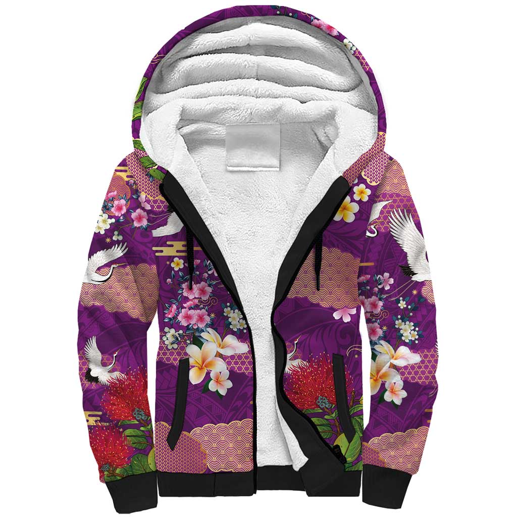 Hawaiian and Japanese Culture Together Sherpa Hoodie Purple Ohia Lehua Plumeria and Sakura Blooming LT03 Unisex Purple - Polynesian Pride
