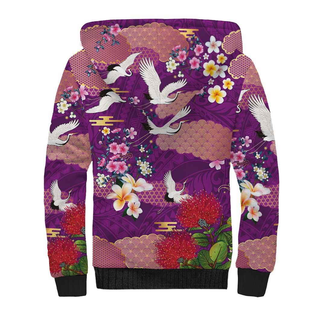 Hawaiian and Japanese Culture Together Sherpa Hoodie Purple Ohia Lehua Plumeria and Sakura Blooming LT03 - Polynesian Pride