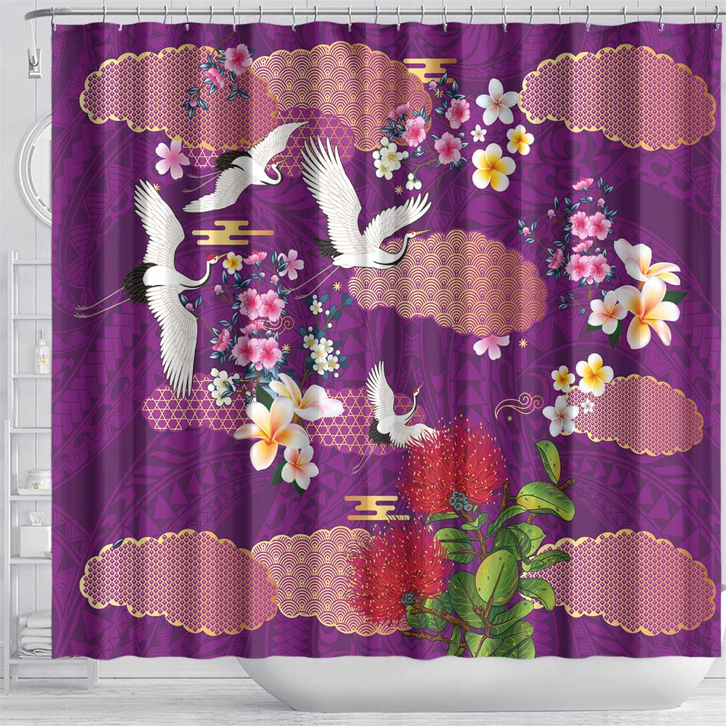 Hawaiian and Japanese Culture Together Shower Curtain Purple Ohia Lehua Plumeria and Sakura Blooming LT03 - Polynesian Pride