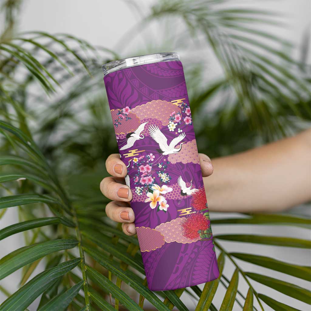 Hawaiian and Japanese Culture Together Skinny Tumbler Purple Ohia Lehua Plumeria and Sakura Blooming LT03 - Polynesian Pride