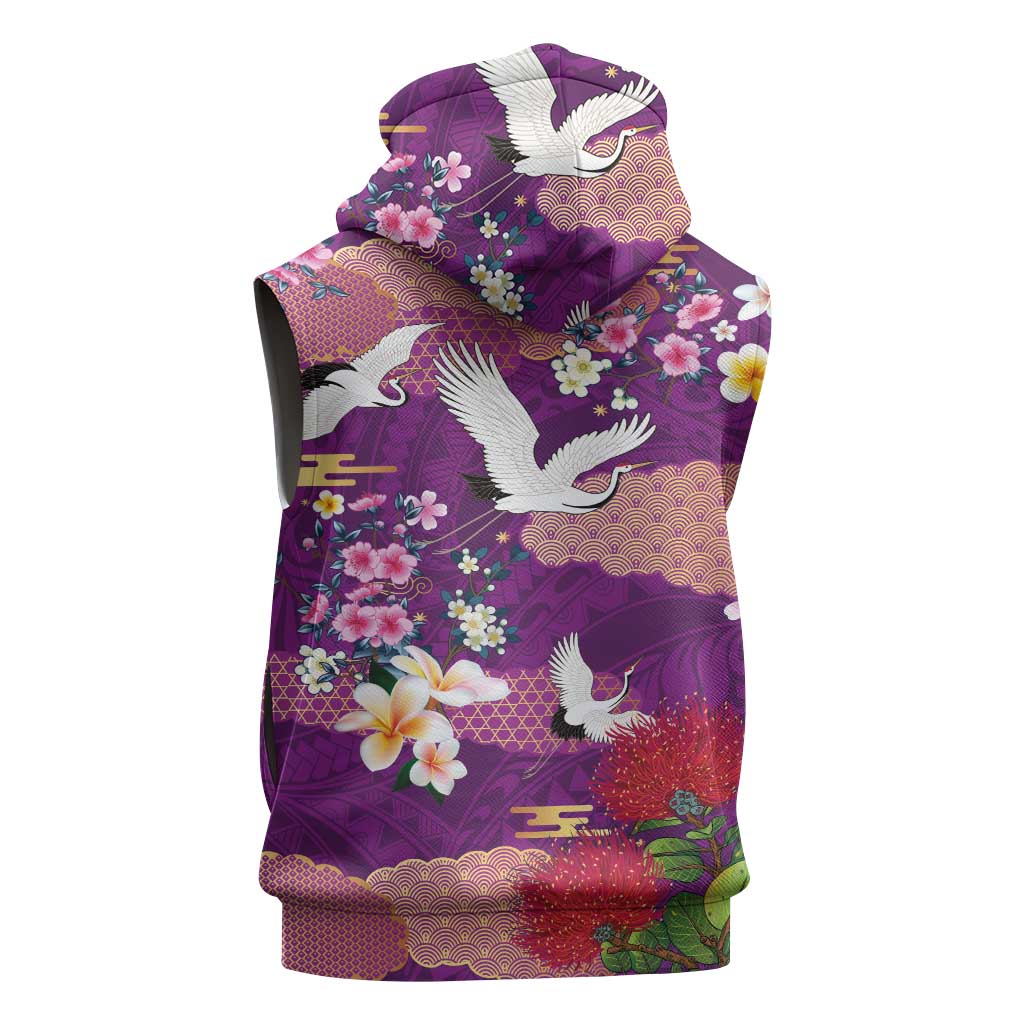 Hawaiian and Japanese Culture Together Sleeveless Hoodie Purple Ohia Lehua Plumeria and Sakura Blooming LT03 - Polynesian Pride