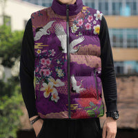 Hawaiian and Japanese Culture Together Sleeveless Puffer Jacket Purple Ohia Lehua Plumeria and Sakura Blooming LT03 - Polynesian Pride