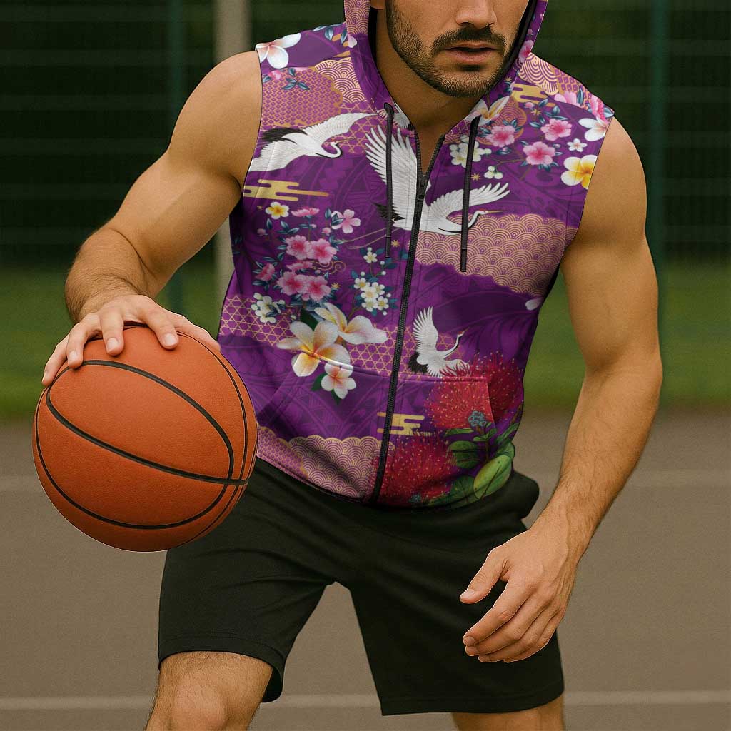 Hawaiian and Japanese Culture Together Sleeveless Zip Hoodie Purple Ohia Lehua Plumeria and Sakura Blooming LT03 - Polynesian Pride