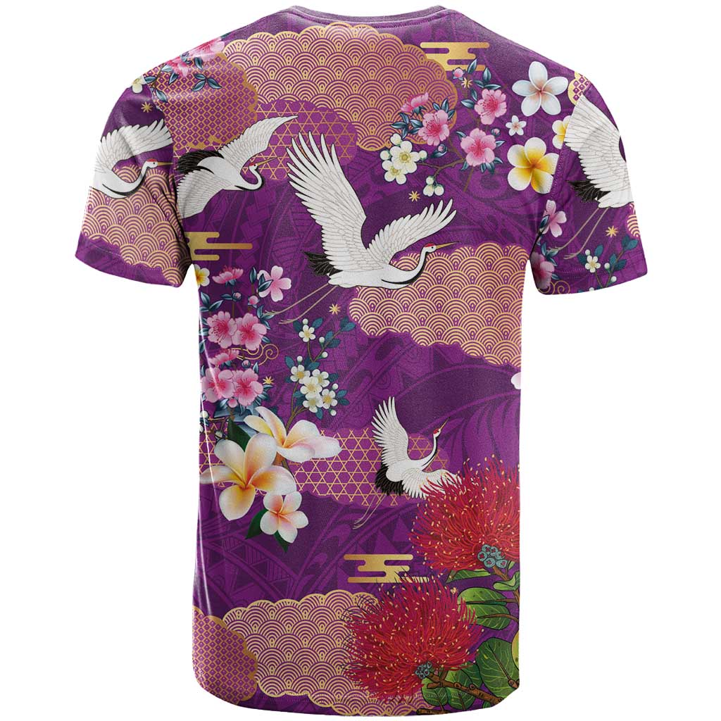 Hawaiian and Japanese Culture Together T Shirt Purple Ohia Lehua Plumeria and Sakura Blooming LT03 - Polynesian Pride