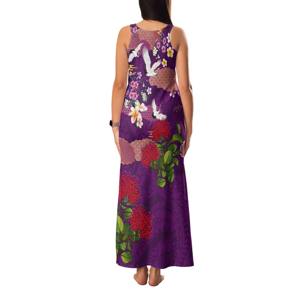 Hawaiian and Japanese Culture Together Tank Maxi Dress Purple Ohia Lehua Plumeria and Sakura Blooming LT03 - Polynesian Pride