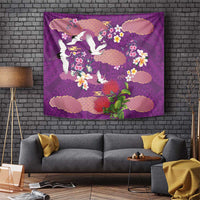 Hawaiian and Japanese Culture Together Tapestry Purple Ohia Lehua Plumeria and Sakura Blooming LT03 Purple - Polynesian Pride