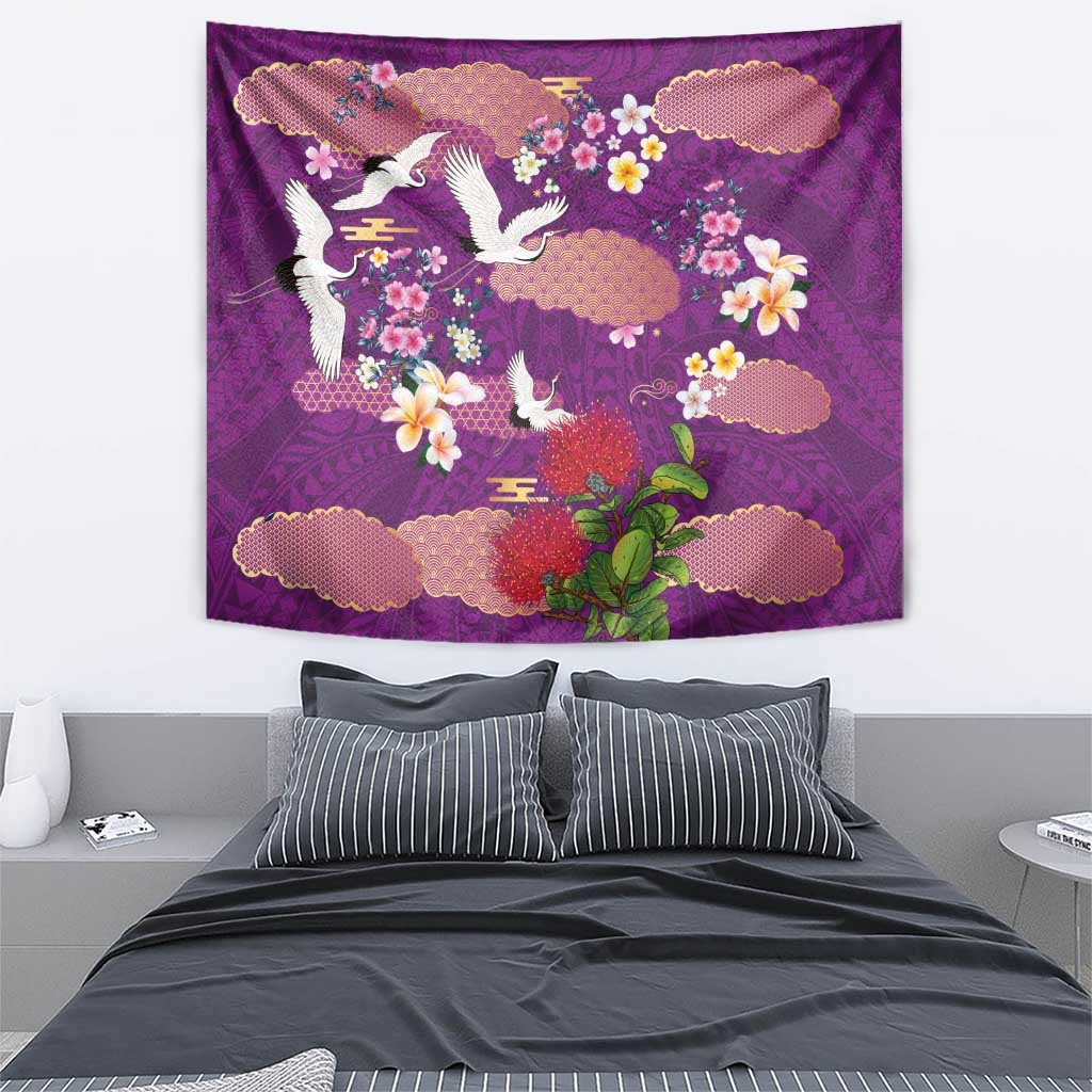 Hawaiian and Japanese Culture Together Tapestry Purple Ohia Lehua Plumeria and Sakura Blooming LT03 - Polynesian Pride