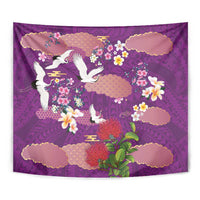 Hawaiian and Japanese Culture Together Tapestry Purple Ohia Lehua Plumeria and Sakura Blooming LT03 - Polynesian Pride