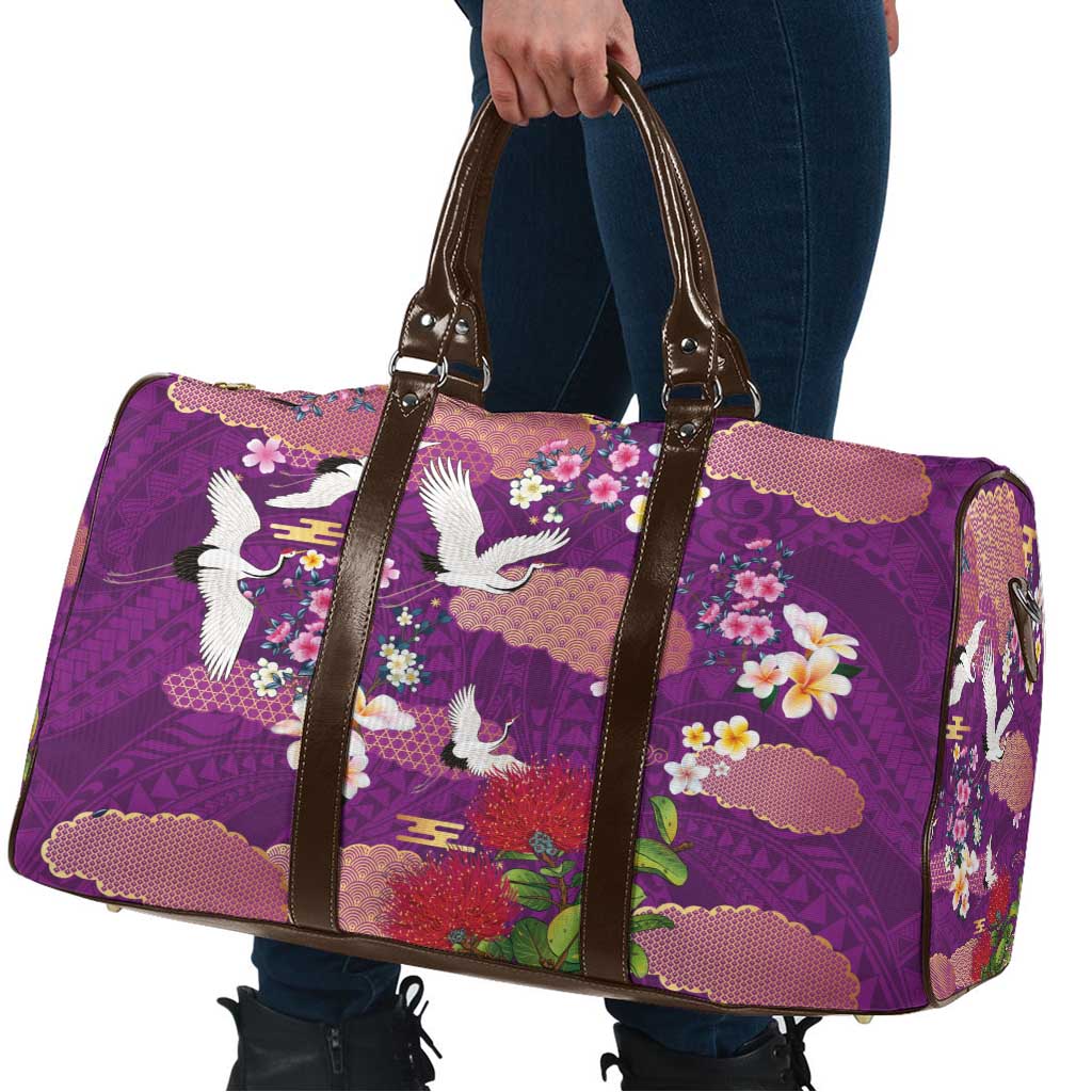 Hawaiian and Japanese Culture Together Travel Bag Purple Ohia Lehua Plumeria and Sakura Blooming LT03 - Polynesian Pride