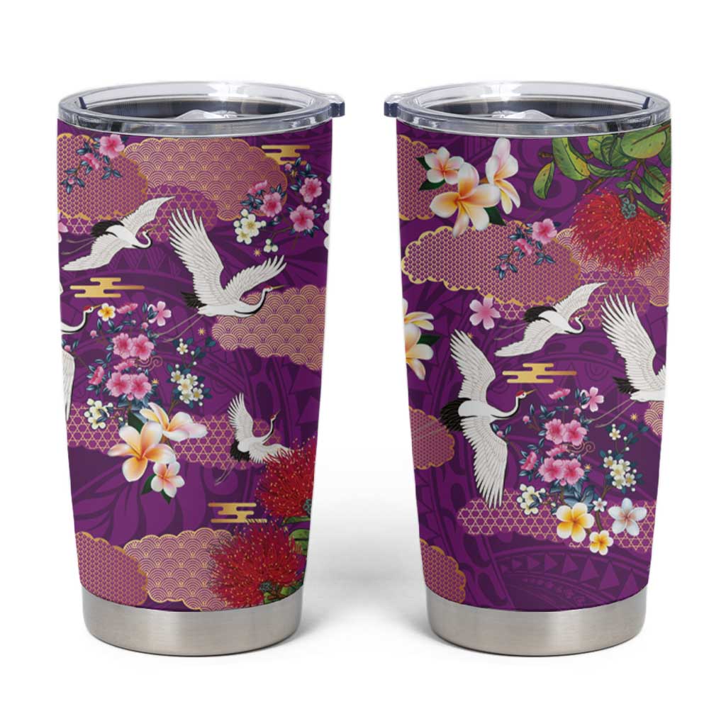 Hawaiian and Japanese Culture Together Tumbler Cup Purple Ohia Lehua Plumeria and Sakura Blooming LT03 Purple - Polynesian Pride