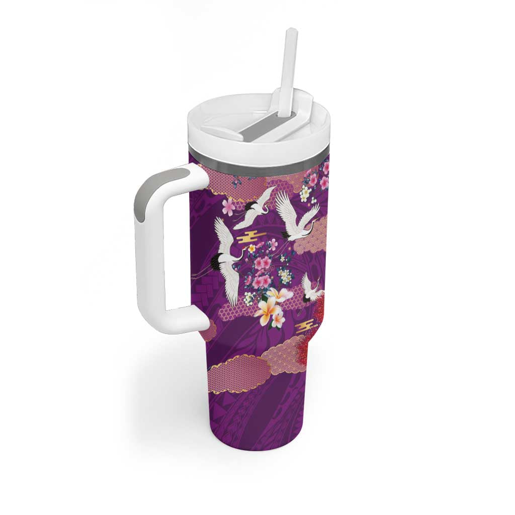 Hawaiian and Japanese Culture Together Tumbler With Handle Purple Ohia Lehua Plumeria and Sakura Blooming LT03 - Polynesian Pride